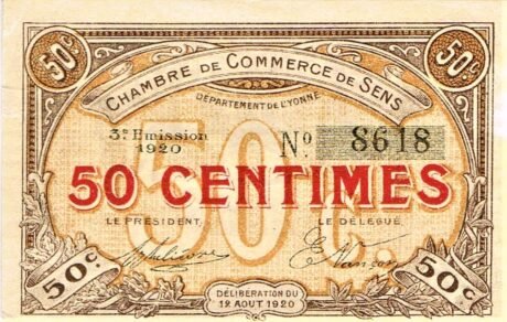 Аверс банкноты 50 сантимов - торговая палата Сенса (Франция) 1920 года