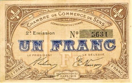 Аверс банкноты 1 франк - Торговая палата Сенса (Франция) 1916 года