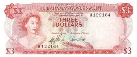 Аверс банкноты 3 доллара (Багамские Острова) 1965 года