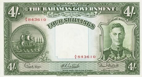 Аверс банкноты 4 шиллинга (Багамские Острова) 1936 года