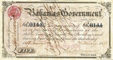 Аверс банкноты 5 фунтов (Багамские Острова) 1869 года