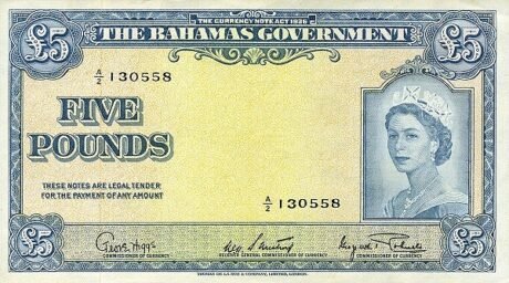 Аверс банкноты 5 фунтов (Багамские Острова) 1953 года