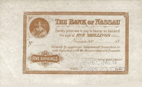 Аверс банкноты 5 шиллингов (Багамские Острова) 1870 года