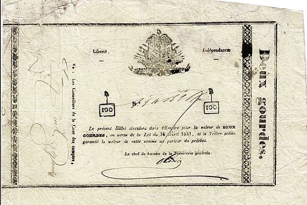 Аверс банкноты 2 гурда (Гаити) 1851 года