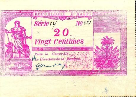 Аверс банкноты 20 сантимов (Гаити) 1889 года