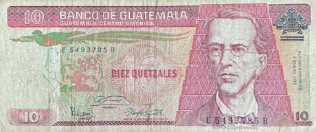 Аверс банкноты 10 кетсалей (Гватемала) 1983 года