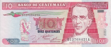 Аверс банкноты 10 кетсалей (Гватемала) 1992 года