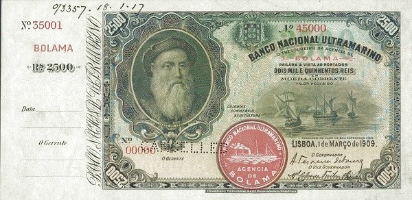 Аверс банкноты 2500 рейс (Гвинея-Бисау) 1909 года