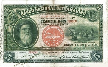 Аверс банкноты 5000 рейс (Гвинея-Бисау) 1909 года