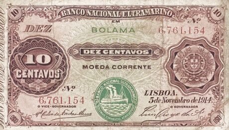 Аверс банкноты 10 сентаво (Гвинея-Бисау) 1914 года