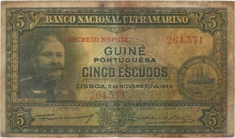 Аверс банкноты 5 эскудо (Гвинея-Бисау) 1944 года