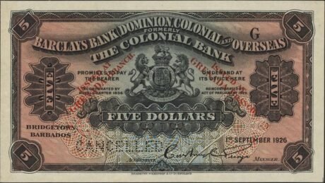 Аверс банкноты 5 долларов Банка Барклая (Гренада) 1926 года