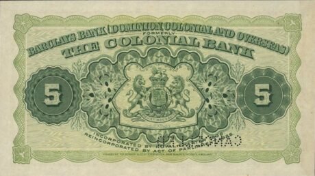 Реверс банкноты 5 долларов Банка Барклая (Гренада) 1926 года