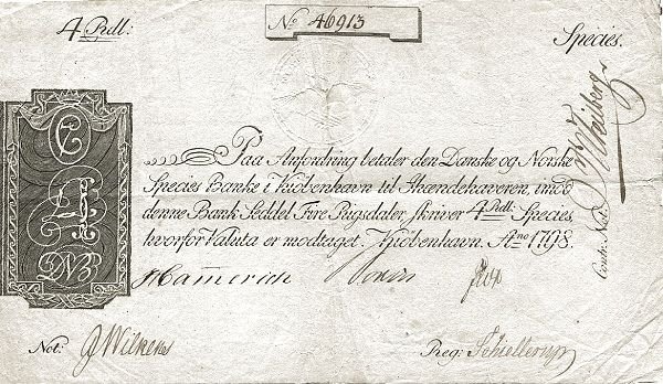 Аверс банкноты 4 ригсдалеров (Дания) 1798 года
