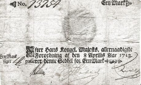 Аверс банкноты 1 марка (Дания) 1713 года