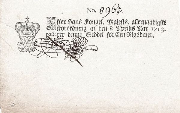 Аверс банкноты 1 ригсдалер, 5 подписей (Дания) 1713 года