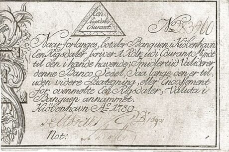 Аверс банкноты 1 ригсдалер, нет текста против подделок (Дания) 1762 года