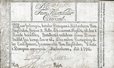 Аверс банкноты 5 ригсдалеров с текстом против подделок (Дания) 1786 года
