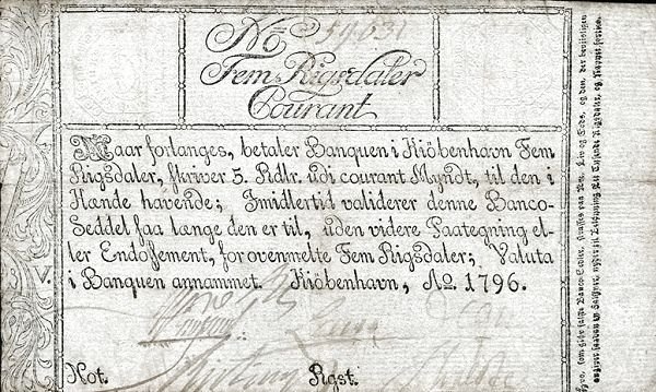 Аверс банкноты 5 ригсдалеров с текстом против подделок (Дания) 1786 года