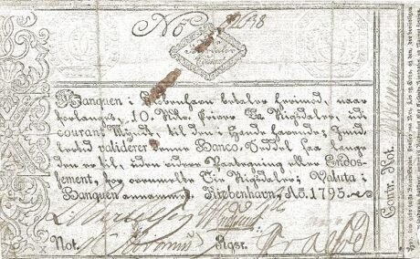 Аверс банкноты 10 ригсдалеров с текстом против подделок (Дания) 1778 года