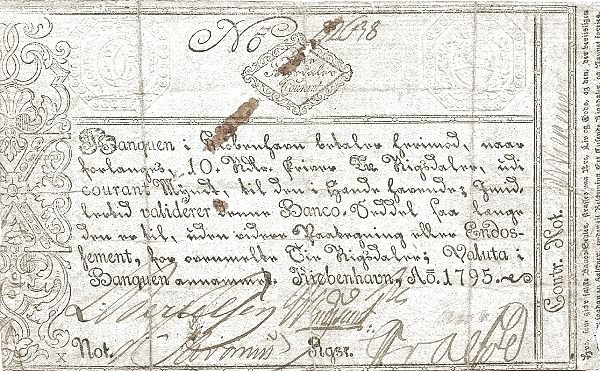 Аверс банкноты 10 ригсдалеров с текстом против подделок (Дания) 1778 года