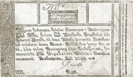 Аверс банкноты 100 ригсдалеров с текстом против подделок (Дания) 1785 года