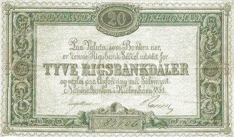 Аверс банкноты 20 ригсбанкдалеров, подписи на реверсе (Дания) 1851 года