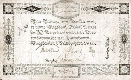 Аверс банкноты 50 ригсбанкдалеров (Дания) 1813 года