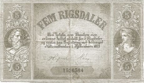 Аверс банкноты 5 ригсдалер, нет отпечатанных марок (Дания) 1872 года