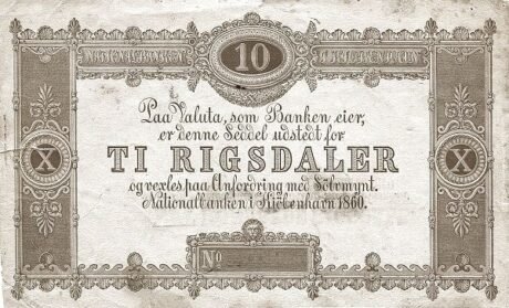Аверс банкноты 10 ригсдалер, подписи на реверсе (Дания) 1860 года