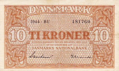 Аверс банкноты 10 крон (Дания) 1944 года