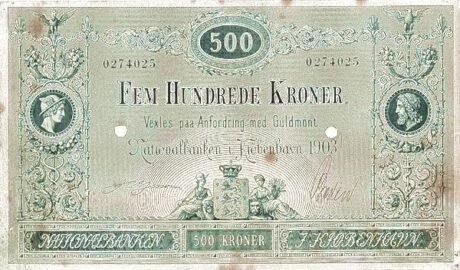 Аверс банкноты 500 крон (Дания) 1875 года