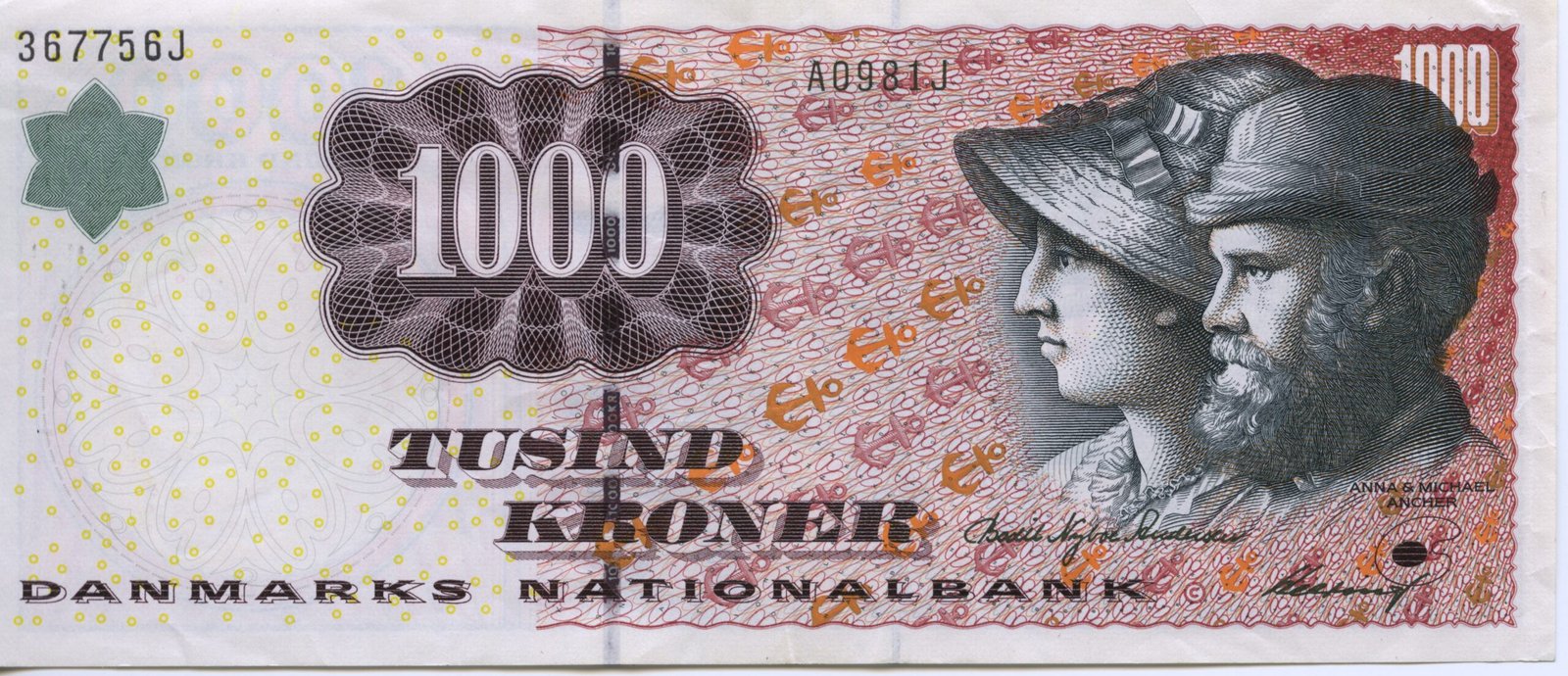 Аверс банкноты 1000 крон (Дания) 1998 года