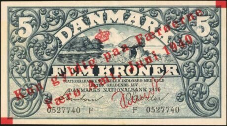 Аверс банкноты 5 крон, надпечатка (Дания) 1940 года