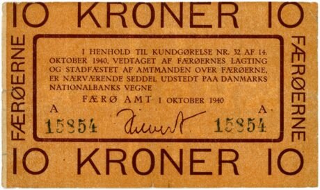 Аверс банкноты 10 крон, первый экстренный выпуск (Дания) 1940 года