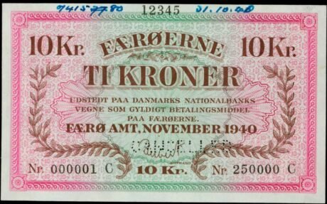 Аверс банкноты 10 крон, второй экстренный выпуск (Дания) 1940 года