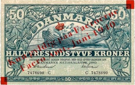 Аверс банкноты 50 крон, надпечатка (Дания) 1940 года