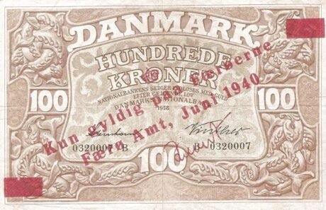 Аверс банкноты 100 типов, надпечатка (Дания) 1940 года