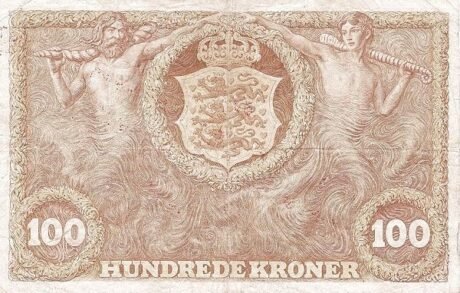 Реверс банкноты 100 типов, надпечатка (Дания) 1940 года