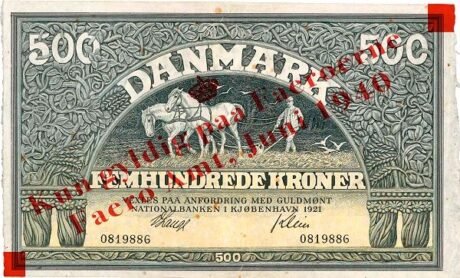 Аверс банкноты 500 крон, надпечатка (Дания) 1940 года