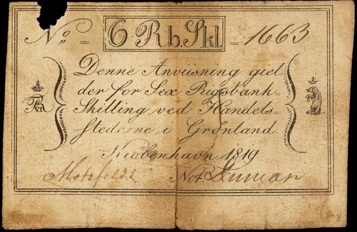 Аверс банкноты 6 ригсбанкскиллинг (Дания) 1819 года