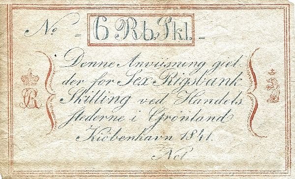 Аверс банкноты 6 ригсбанкскиллинг (Дания) 1841 года