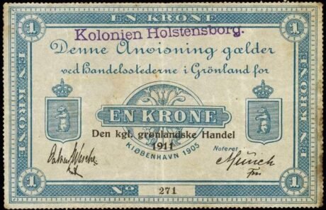 Аверс банкноты 1 крона, надпечатка на банкноте номиналом 1 крона 1905 г (Дания) 1911 года