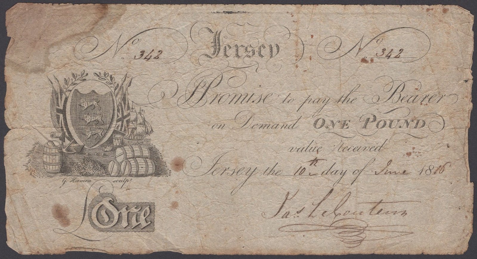 Аверс банкноты 1 фунт (Джерси) 1816 года