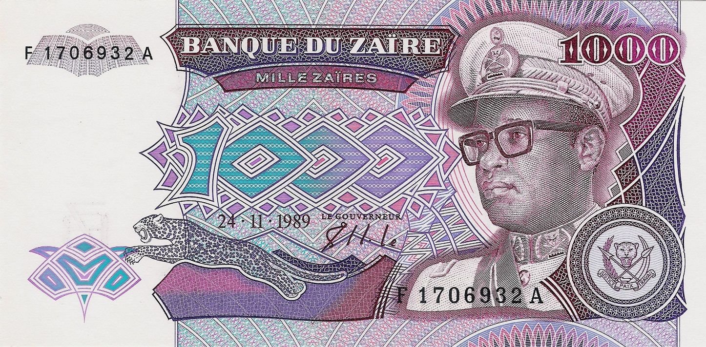 Аверс банкноты 1000 заиров (Заир) 1989 года