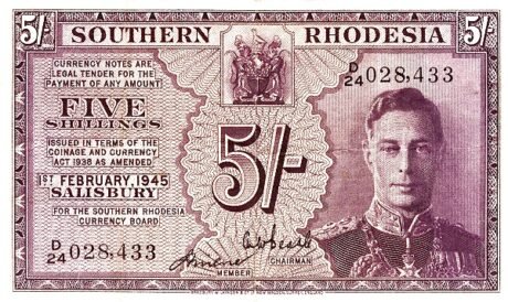 Аверс банкноты 5 шиллингов, большая (Зимбабве) 1945 года