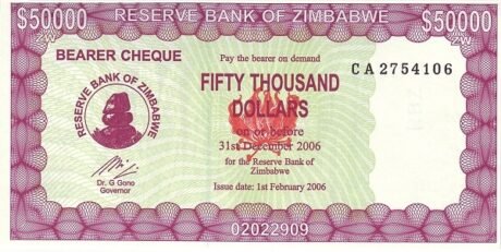 Аверс банкноты Экстренный чек на предъявителя на 50000 долларов (Зимбабве) 2006 года