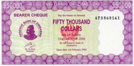 Аверс банкноты Экстренный чек на предъявителя на 50000 долларов (Зимбабве) 2006 года