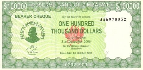Аверс банкноты Экстренный чек на предъявителя на 100000 долларов (Зимбабве) 2005 года