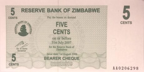 Аверс банкноты Чек на предъявителя номиналом 5 центов (Зимбабве) 2006 года